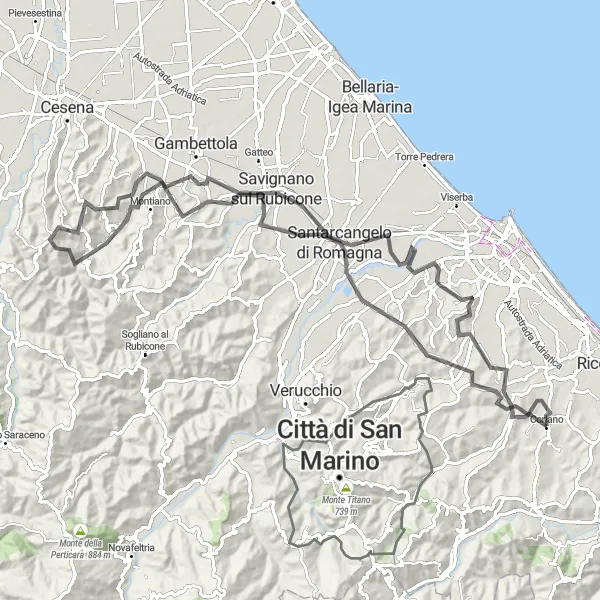 Zemljevid v pomanjšavi "Cestno kolesarjenje v bližini Coriana" kolesarske inspiracije v Emilia-Romagna, Italy. Generirano z načrtovalcem kolesarskih poti Tarmacs.app