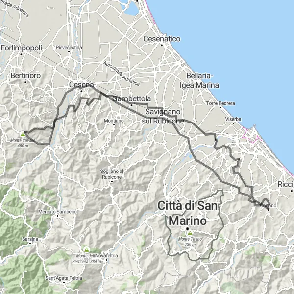 Mapa miniatúra "Cesta do kopcov a zjazdov" cyklistická inšpirácia v Emilia-Romagna, Italy. Vygenerované cyklistickým plánovačom trás Tarmacs.app