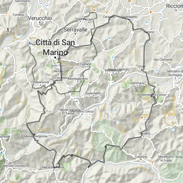 Miniatua del mapa de inspiración ciclista "Ruta de Carretera por Montefiore Conca y San Marino" en Emilia-Romagna, Italy. Generado por Tarmacs.app planificador de rutas ciclistas