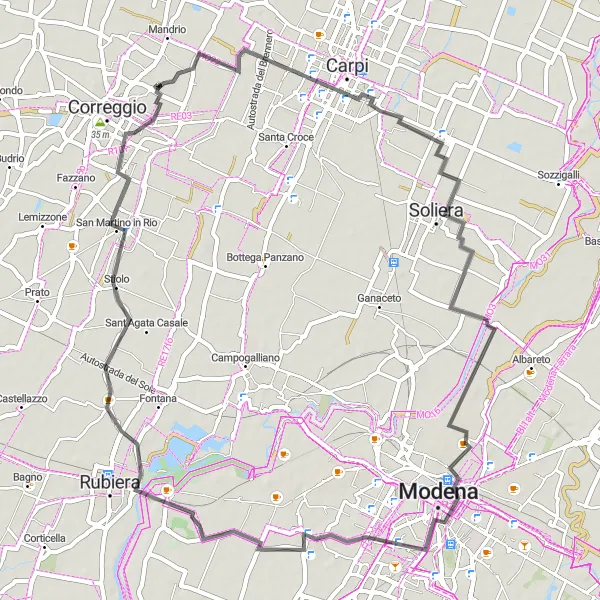 Miniatuurkaart van de fietsinspiratie "Ontdek Carpi en Modena" in Emilia-Romagna, Italy. Gemaakt door de Tarmacs.app fietsrouteplanner