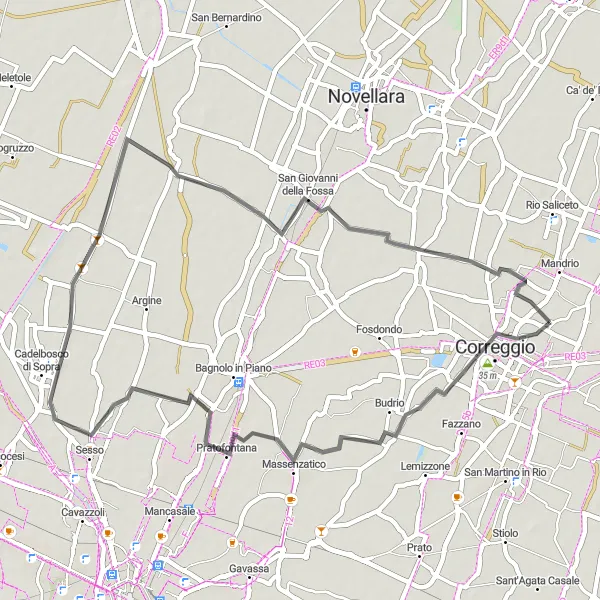 Miniatuurkaart van de fietsinspiratie "Fietsen van Correggio naar Massenzatico via Cadelbosco di Sopra" in Emilia-Romagna, Italy. Gemaakt door de Tarmacs.app fietsrouteplanner