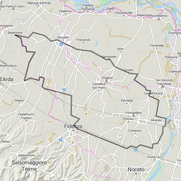Miniature de la carte de l'inspiration cycliste "Excursion à travers les collines de Fidenza" dans la Emilia-Romagna, Italy. Générée par le planificateur d'itinéraire cycliste Tarmacs.app