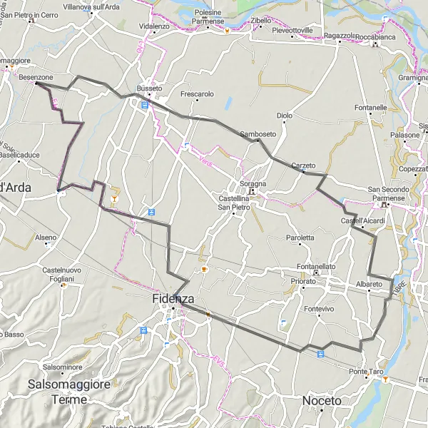 Map miniature of "Castell'Aicardi and Fidenza Loop" cycling inspiration in Emilia-Romagna, Italy. Generated by Tarmacs.app cycling route planner