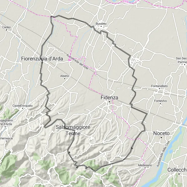 Miniaturní mapa "Náročná cyklistická trasa v okolí Cortemaggiore" inspirace pro cyklisty v oblasti Emilia-Romagna, Italy. Vytvořeno pomocí plánovače tras Tarmacs.app