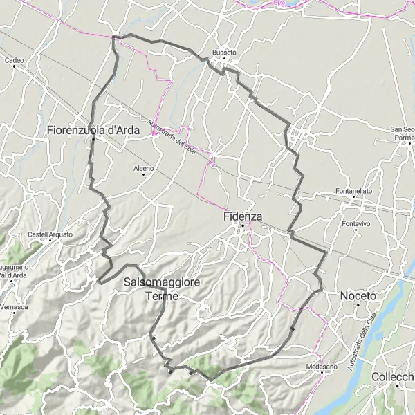 Miniatura della mappa di ispirazione al ciclismo "Avventura ciclistica attraverso Busseto, Sanguinaro, Monte Calvo, San Vittore, Salsomaggiore Terme, Monte di Scipione e Fiorenzuola d'Arda" nella regione di Emilia-Romagna, Italy. Generata da Tarmacs.app, pianificatore di rotte ciclistiche