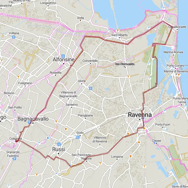 Miniature de la carte de l'inspiration cycliste "Aventure gravel autour de Cotignola" dans la Emilia-Romagna, Italy. Générée par le planificateur d'itinéraire cycliste Tarmacs.app