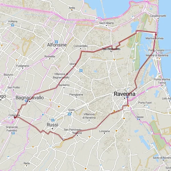 Miniatua del mapa de inspiración ciclista "Ruta de grava de Cotignola a Ravenna" en Emilia-Romagna, Italy. Generado por Tarmacs.app planificador de rutas ciclistas