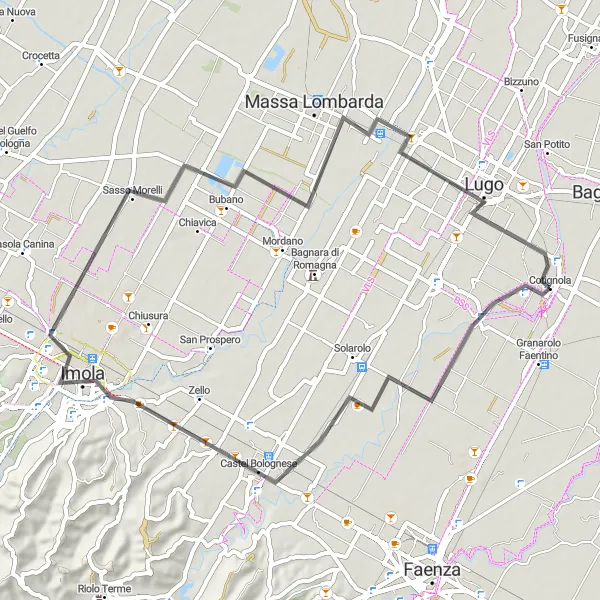 Miniatua del mapa de inspiración ciclista "Ruta de bicicleta de carretera escénica cerca de Cotignola" en Emilia-Romagna, Italy. Generado por Tarmacs.app planificador de rutas ciclistas