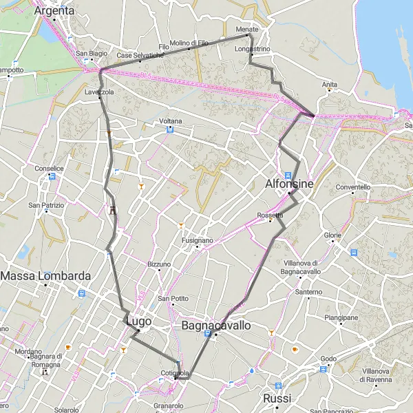 Miniatua del mapa de inspiración ciclista "Ruta en carretera de Cotignola a Lugo" en Emilia-Romagna, Italy. Generado por Tarmacs.app planificador de rutas ciclistas