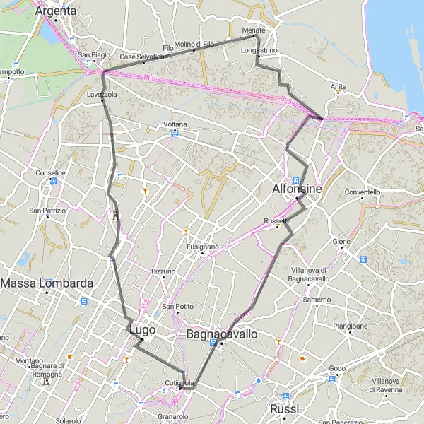 Miniatura della mappa di ispirazione al ciclismo "Giro panoramico di 72 km partendo da Cotignola" nella regione di Emilia-Romagna, Italy. Generata da Tarmacs.app, pianificatore di rotte ciclistiche