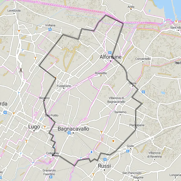 Kartminiatyr av "Cotignola til Alfonsine Road Cycling Route" sykkelinspirasjon i Emilia-Romagna, Italy. Generert av Tarmacs.app sykkelrutoplanlegger