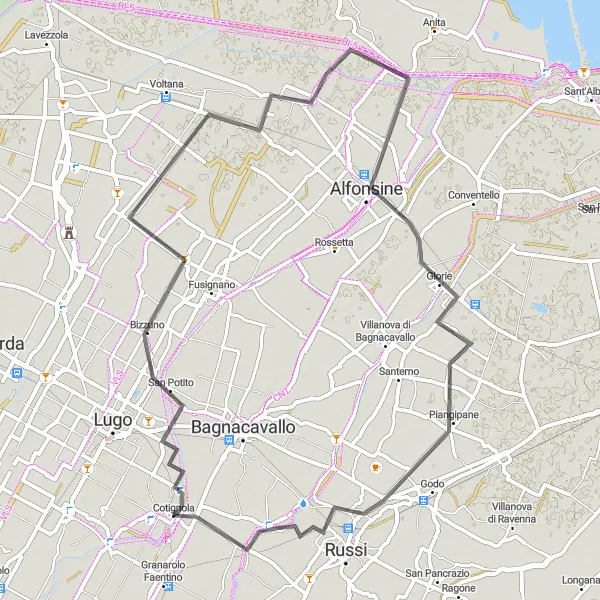 Map miniature of "Rural Landscapes and Charming Towns" cycling inspiration in Emilia-Romagna, Italy. Generated by Tarmacs.app cycling route planner