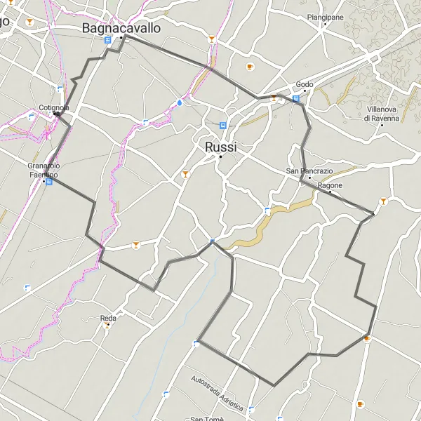 Miniatua del mapa de inspiración ciclista "Ruta de bicicleta de carretera desde Cotignola" en Emilia-Romagna, Italy. Generado por Tarmacs.app planificador de rutas ciclistas