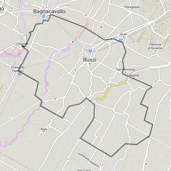 Miniatura della mappa di ispirazione al ciclismo "Tour in bici tra borghi e natura" nella regione di Emilia-Romagna, Italy. Generata da Tarmacs.app, pianificatore di rotte ciclistiche