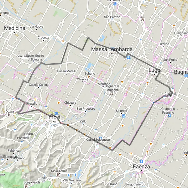 Miniaturní mapa "Cyklotrasa kolem Castel Bolognese" inspirace pro cyklisty v oblasti Emilia-Romagna, Italy. Vytvořeno pomocí plánovače tras Tarmacs.app
