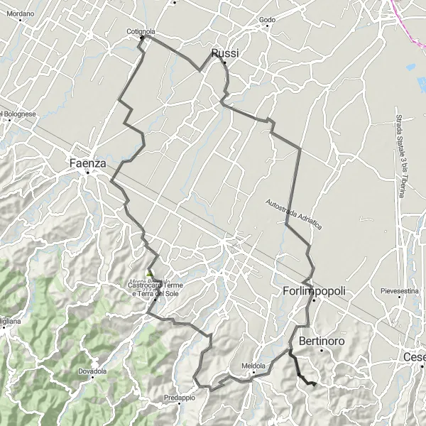 Miniatua del mapa de inspiración ciclista "Ruta de Ciclismo de Carretera por los Pueblos de Emilia-Romagna" en Emilia-Romagna, Italy. Generado por Tarmacs.app planificador de rutas ciclistas