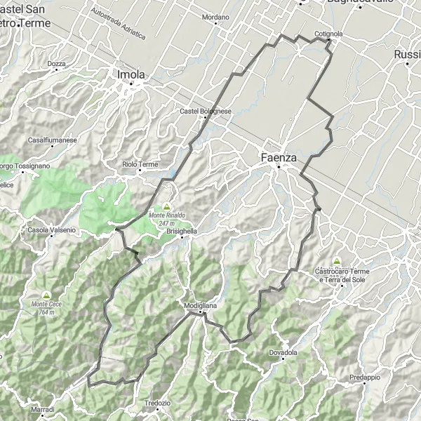 Miniatua del mapa de inspiración ciclista "Desafío en carretera desde Cotignola a Castel Bolognese" en Emilia-Romagna, Italy. Generado por Tarmacs.app planificador de rutas ciclistas