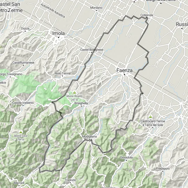 Map miniature of "The Faenza Challenge" cycling inspiration in Emilia-Romagna, Italy. Generated by Tarmacs.app cycling route planner