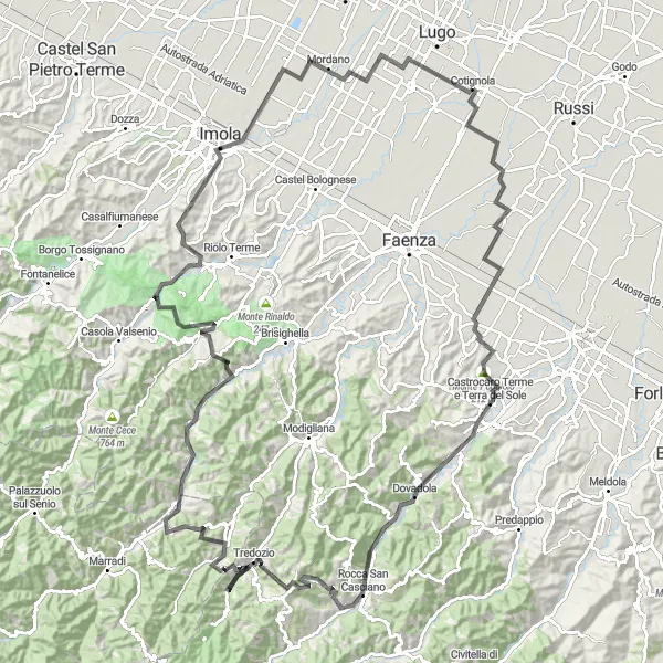 Miniatua del mapa de inspiración ciclista "Ruta de bicicleta de carretera con gran ascenso desde Cotignola" en Emilia-Romagna, Italy. Generado por Tarmacs.app planificador de rutas ciclistas