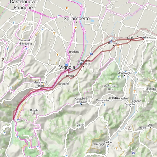 Map miniature of "Crespellano - Vignola - Savignano sul Panaro - Bazzano" cycling inspiration in Emilia-Romagna, Italy. Generated by Tarmacs.app cycling route planner