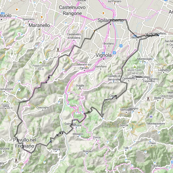 Miniatura della mappa di ispirazione al ciclismo "Giro in bicicletta da Crespellano a Spilamberto" nella regione di Emilia-Romagna, Italy. Generata da Tarmacs.app, pianificatore di rotte ciclistiche