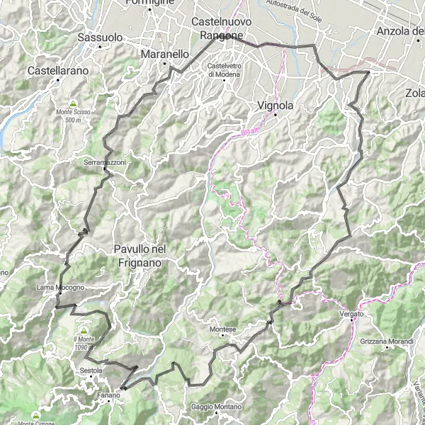 Map miniature of "The Ultimate Road Challenge" cycling inspiration in Emilia-Romagna, Italy. Generated by Tarmacs.app cycling route planner