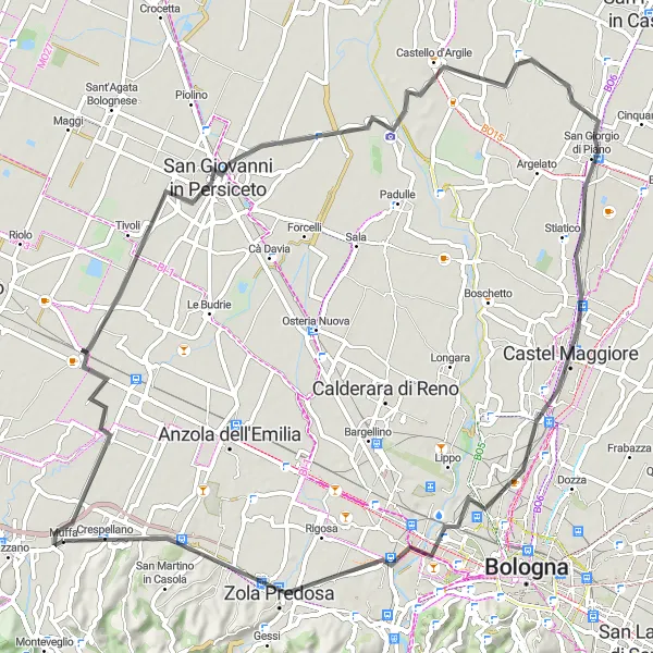 Zemljevid v pomanjšavi "Kolesarska tura v okolici Crespellana - 80 km" kolesarske inspiracije v Emilia-Romagna, Italy. Generirano z načrtovalcem kolesarskih poti Tarmacs.app