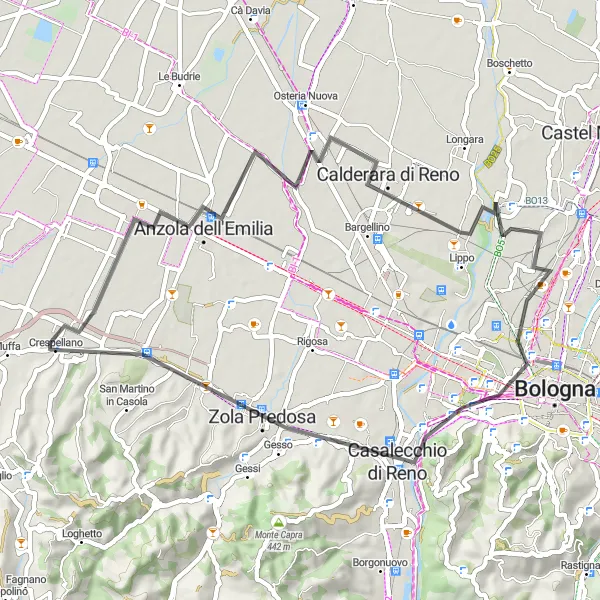 Miniaturní mapa "Okruh přes okolí Crespellana" inspirace pro cyklisty v oblasti Emilia-Romagna, Italy. Vytvořeno pomocí plánovače tras Tarmacs.app