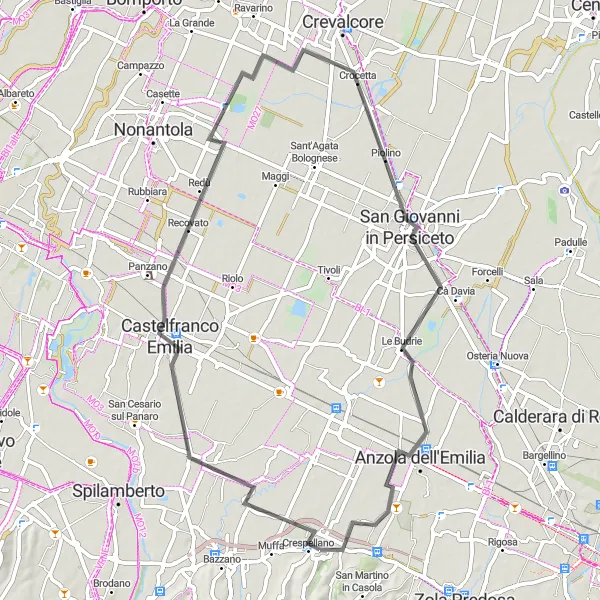 Miniatura della mappa di ispirazione al ciclismo "Giro in bici da Crespellano a Castelfranco Emilia e San Giovanni in Persiceto" nella regione di Emilia-Romagna, Italy. Generata da Tarmacs.app, pianificatore di rotte ciclistiche