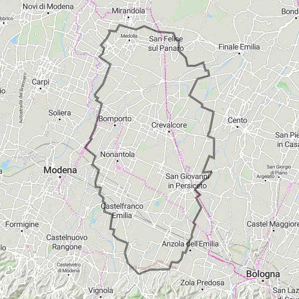 Zemljevid v pomanjšavi "Ruta od Bazzana do Anzola dell'Emilia" kolesarske inspiracije v Emilia-Romagna, Italy. Generirano z načrtovalcem kolesarskih poti Tarmacs.app