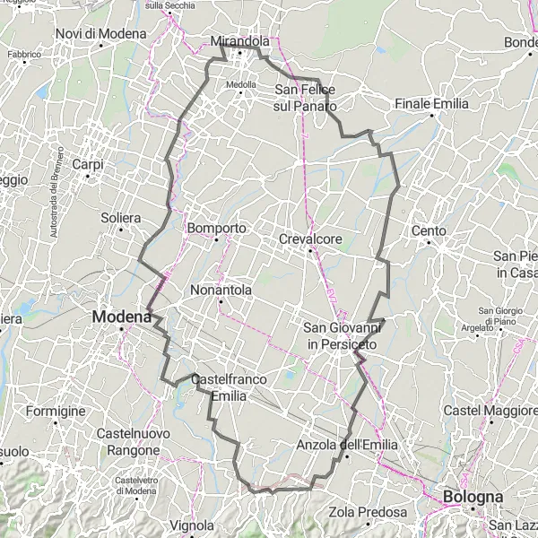 Miniatura della mappa di ispirazione al ciclismo "Percorso ciclistico da San Cesario sul Panaro ad Anzola dell'Emilia" nella regione di Emilia-Romagna, Italy. Generata da Tarmacs.app, pianificatore di rotte ciclistiche