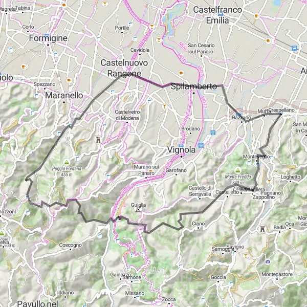 Map miniature of "Crespellano - Punto panoramico - Monte Orsello - Monte Calvario - Cascate Del Bucamante - Monte Bianco - Castelnuovo Rangone - Bazzano" cycling inspiration in Emilia-Romagna, Italy. Generated by Tarmacs.app cycling route planner