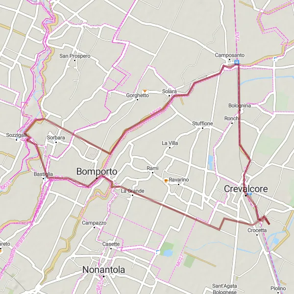 Kartminiatyr av "Kullig Grusväg till Crevalcore" cykelinspiration i Emilia-Romagna, Italy. Genererad av Tarmacs.app cykelruttplanerare