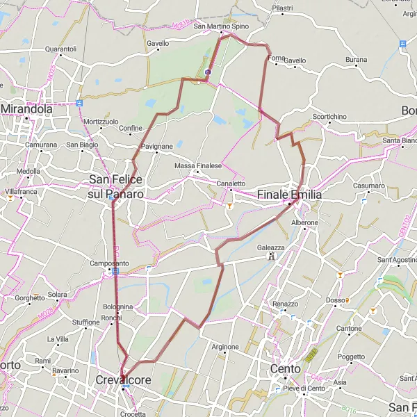 Karttaminiaatyyri "San Felice sul Panaro - San Martino Spino - Finale Emilia - Palata Pepoli - Crevalcore" pyöräilyinspiraatiosta alueella Emilia-Romagna, Italy. Luotu Tarmacs.app pyöräilyreittisuunnittelijalla