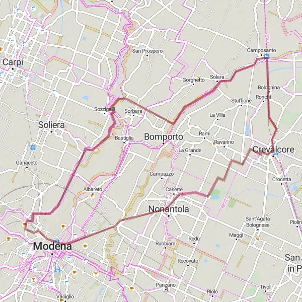Mapa miniatúra "Gravelový okruh cez Modenu a Camposanto" cyklistická inšpirácia v Emilia-Romagna, Italy. Vygenerované cyklistickým plánovačom trás Tarmacs.app