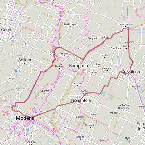 Miniaturní mapa "Gravelová cyklotrasa od Crevalcore" inspirace pro cyklisty v oblasti Emilia-Romagna, Italy. Vytvořeno pomocí plánovače tras Tarmacs.app