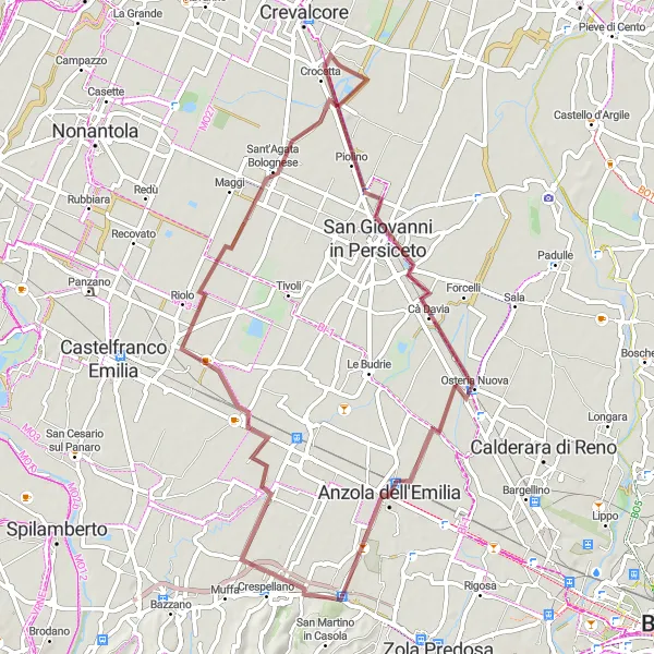 Miniaturní mapa "Gravelová cyklotrasa od Crevalcore" inspirace pro cyklisty v oblasti Emilia-Romagna, Italy. Vytvořeno pomocí plánovače tras Tarmacs.app