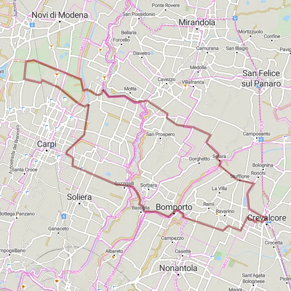 Miniatua del mapa de inspiración ciclista "Ruta de Grava de Crevalcore a Bastiglia" en Emilia-Romagna, Italy. Generado por Tarmacs.app planificador de rutas ciclistas