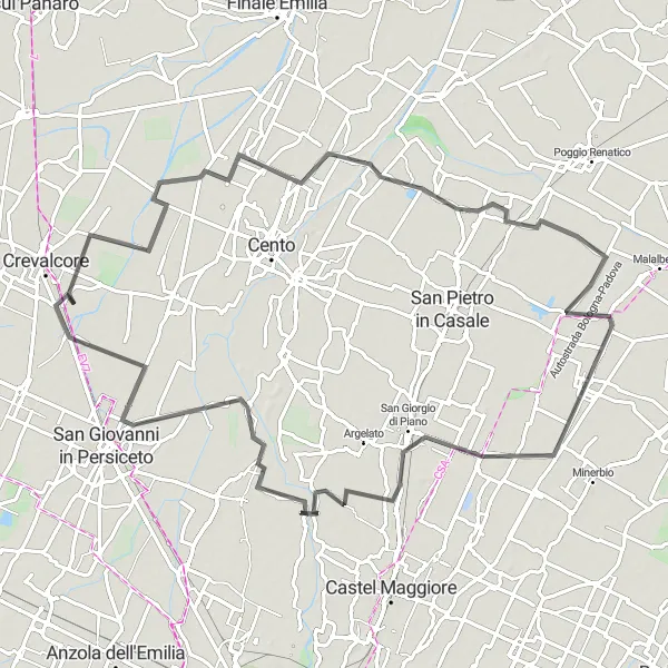 Mapa miniatúra "Krátky výlet cez Renazzo, Galliera a Malacappa" cyklistická inšpirácia v Emilia-Romagna, Italy. Vygenerované cyklistickým plánovačom trás Tarmacs.app