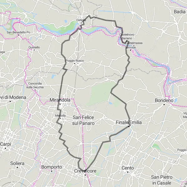Miniaturní mapa "Kolečko kolem Crevalcore - Mirandola" inspirace pro cyklisty v oblasti Emilia-Romagna, Italy. Vytvořeno pomocí plánovače tras Tarmacs.app