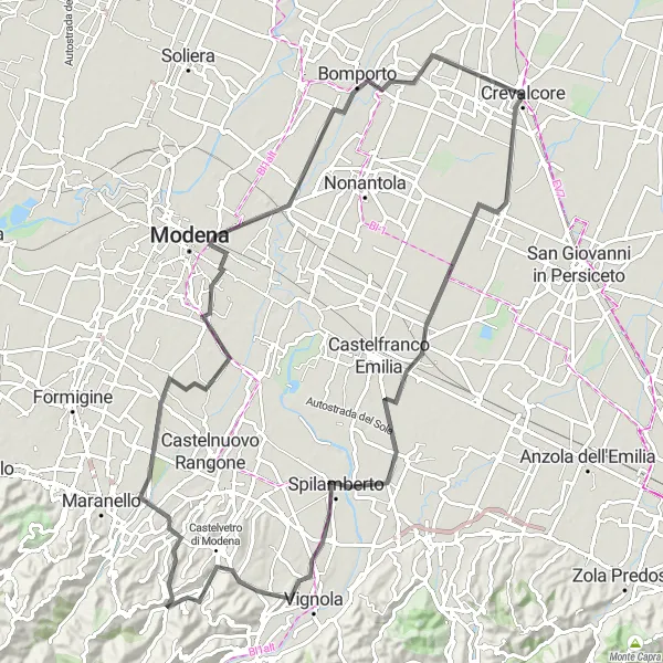 Miniaturní mapa "Okruh kolem Crevalcore - Sant'Agata Bolognese" inspirace pro cyklisty v oblasti Emilia-Romagna, Italy. Vytvořeno pomocí plánovače tras Tarmacs.app