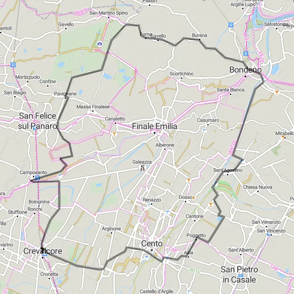 Miniaturní mapa "Cyklo okruh kolem Crevalcore - Bondeno" inspirace pro cyklisty v oblasti Emilia-Romagna, Italy. Vytvořeno pomocí plánovače tras Tarmacs.app