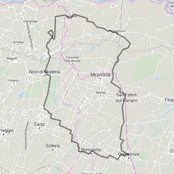 Kartminiatyr av "Historiska platser runt Crevalcore" cykelinspiration i Emilia-Romagna, Italy. Genererad av Tarmacs.app cykelruttplanerare