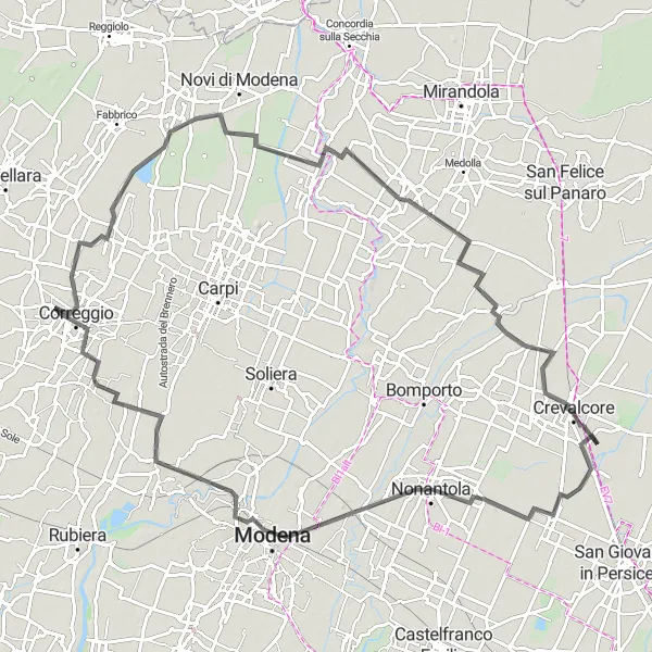 Miniatura mapy "Przejażdżka rowerowa do Rovereto sulla Secchia" - trasy rowerowej w Emilia-Romagna, Italy. Wygenerowane przez planer tras rowerowych Tarmacs.app