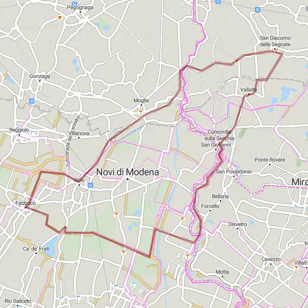Miniatua del mapa de inspiración ciclista "Ruta de Grava Fabbrico - Rolo" en Emilia-Romagna, Italy. Generado por Tarmacs.app planificador de rutas ciclistas