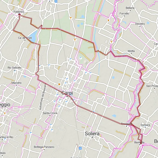 Mapa miniatúra "Gravelová výzva cez kopce a dediny" cyklistická inšpirácia v Emilia-Romagna, Italy. Vygenerované cyklistickým plánovačom trás Tarmacs.app