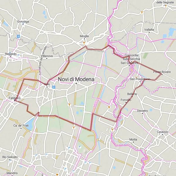 Map miniature of "Concordia Gravel Adventure (Gravel)" cycling inspiration in Emilia-Romagna, Italy. Generated by Tarmacs.app cycling route planner