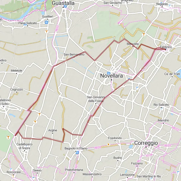 Mapa miniatúra "Gravelový okruh cez Campagnola Emilia a Zurco" cyklistická inšpirácia v Emilia-Romagna, Italy. Vygenerované cyklistickým plánovačom trás Tarmacs.app