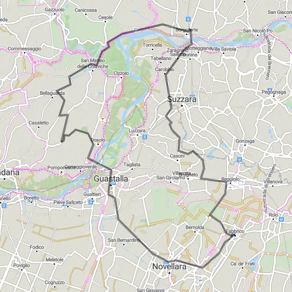 Kartminiatyr av "Rundtur til Novellara og Borgoforte" sykkelinspirasjon i Emilia-Romagna, Italy. Generert av Tarmacs.app sykkelrutoplanlegger