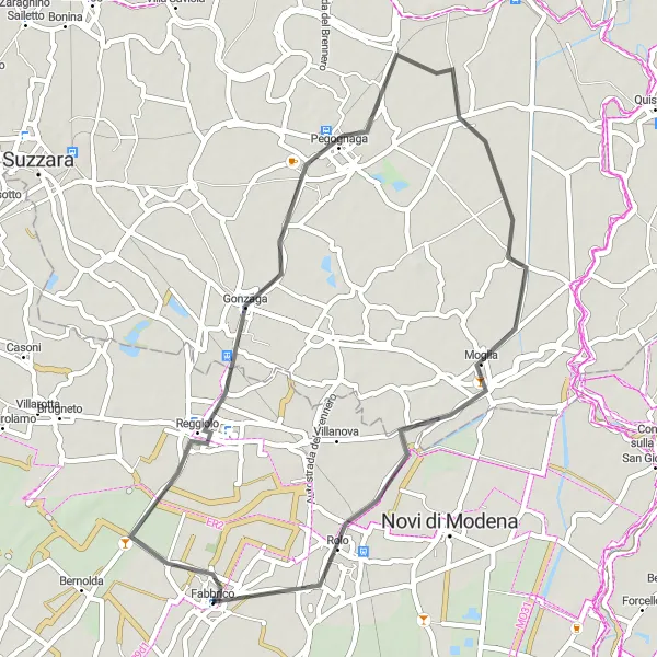 Miniatua del mapa de inspiración ciclista "Ruta de ciclismo por carretera de Reggiolo a Fabbrico" en Emilia-Romagna, Italy. Generado por Tarmacs.app planificador de rutas ciclistas